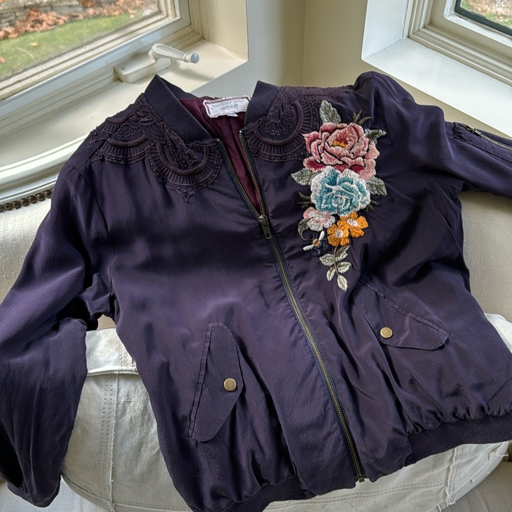 Johnny Was - SILK - Embroidered Deep Purple Bomber Jacket